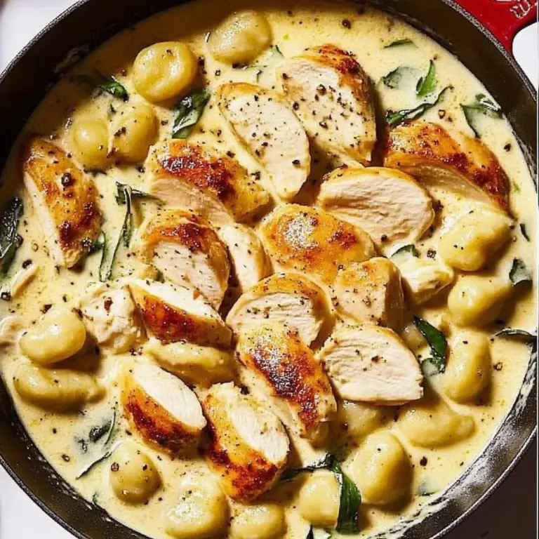 Creamy one-pan chicken gnocchi dish served in a skillet