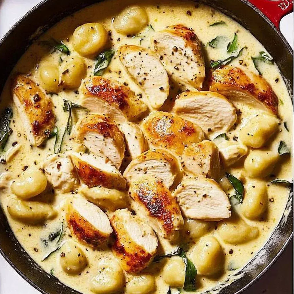 Creamy one-pan chicken gnocchi dish served in a skillet