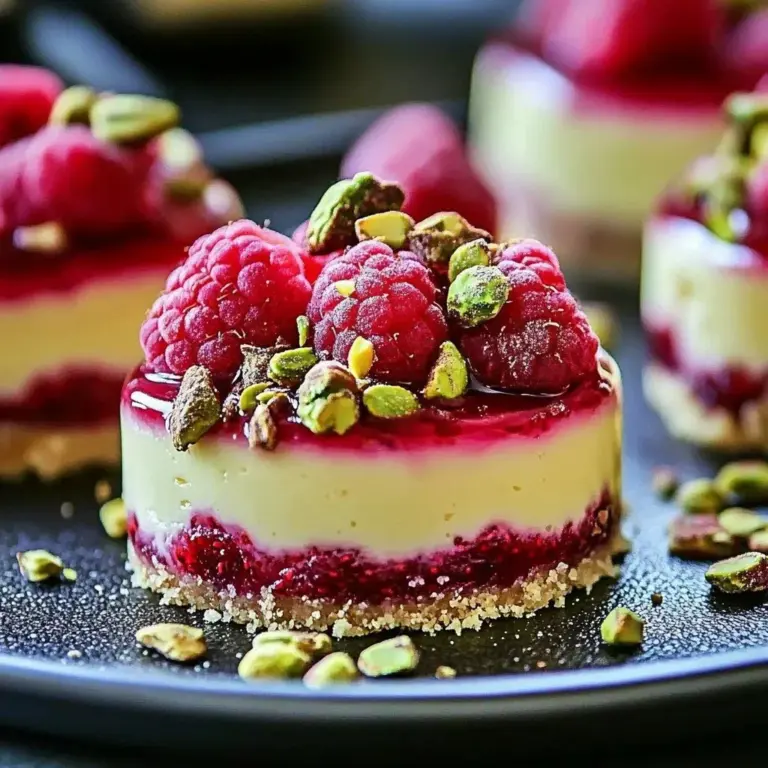 Creamy pistachio raspberry cheesecake topped with fresh raspberries.