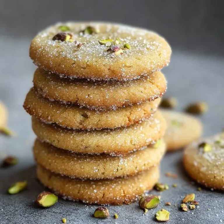 Creamy pistachio shortbread cookies on a wooden tray