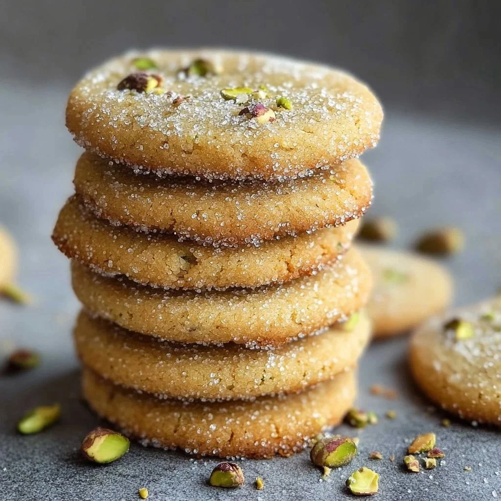 Creamy pistachio shortbread cookies on a wooden tray