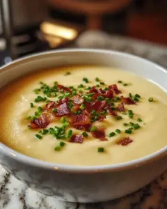 Bowl of creamy potato soup topped with green onions and croutons