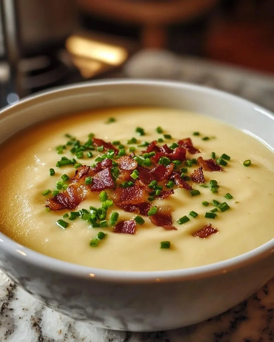 Bowl of creamy potato soup topped with green onions and croutons