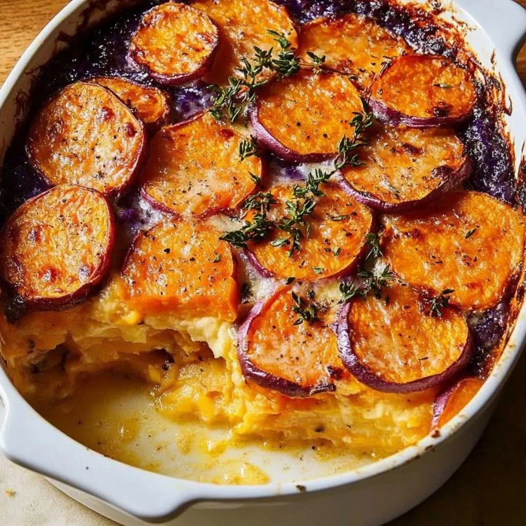 Creamy sweet potato gratin baked to perfection with a golden crust