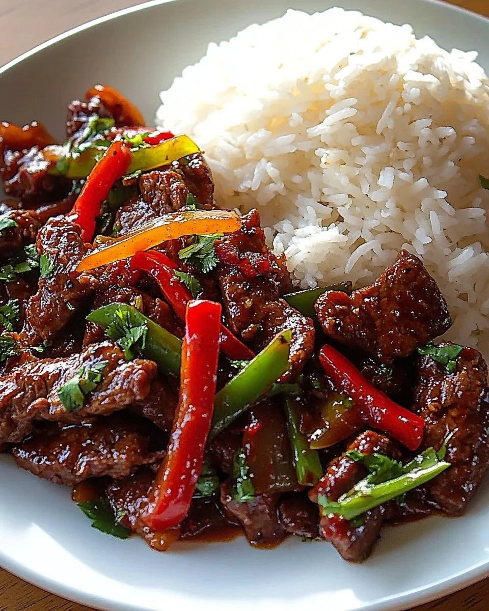 Plate of Crispy Chilli Beef with rice, garnished with herbs and spices.