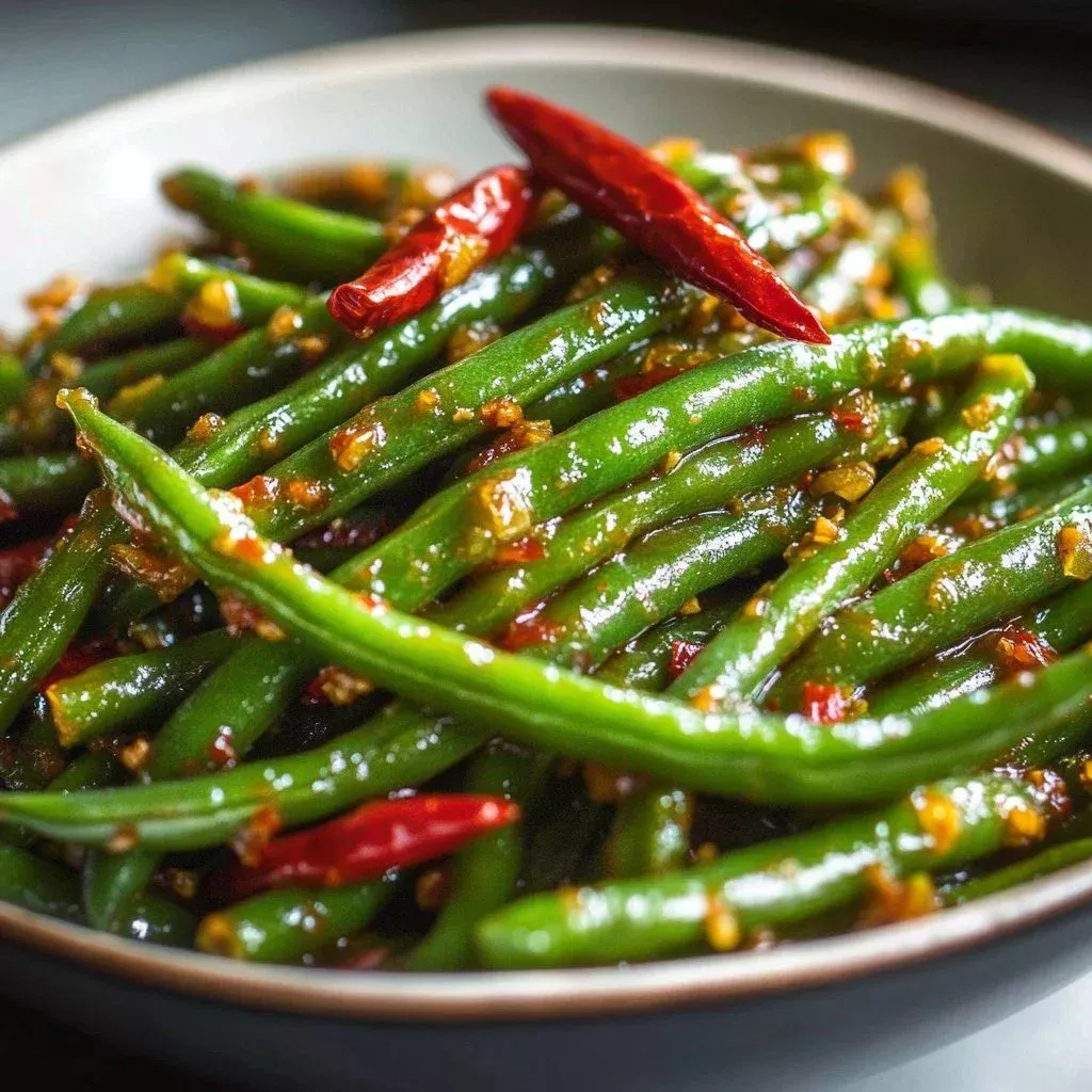 A bowl of Crispy Crack Green Beans garnished with spices and herbs.