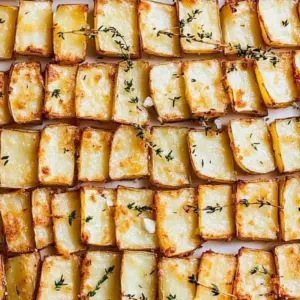Plate of crispy domino potatoes served with herbs and seasoning