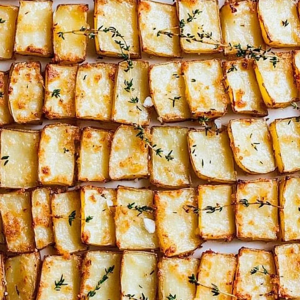 Plate of crispy domino potatoes served with herbs and seasoning