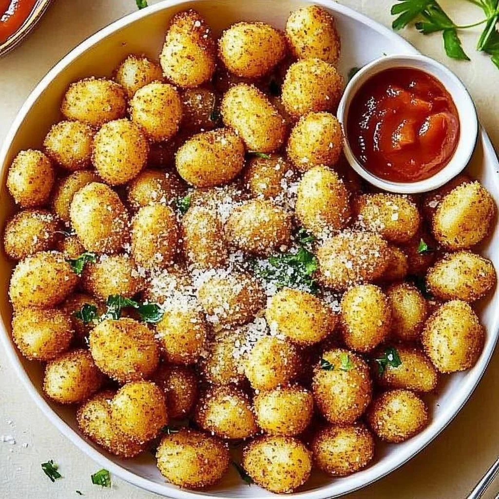 Delicious crispy fried gnocchi bites served with dipping sauce