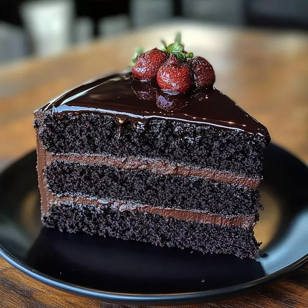 Decadent black velvet cake topped with creamy frosting and decorative accents.