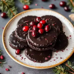 Decadent chocolate-covered cranberry sauce bites on a decorative plate