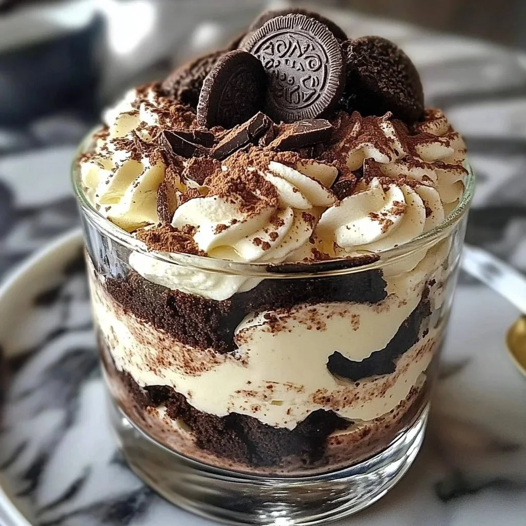 Decadent Oreo Tiramisu Trifle with layers of cream and Oreo cookies