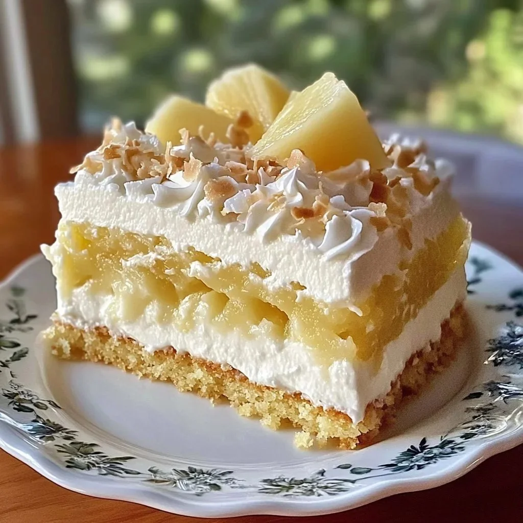 Dreamy Pineapple Coconut Cake topped with coconut flakes and pineapple slices