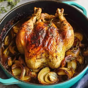 A perfectly roasted chicken in a Dutch oven, golden brown and garnished with herbs.