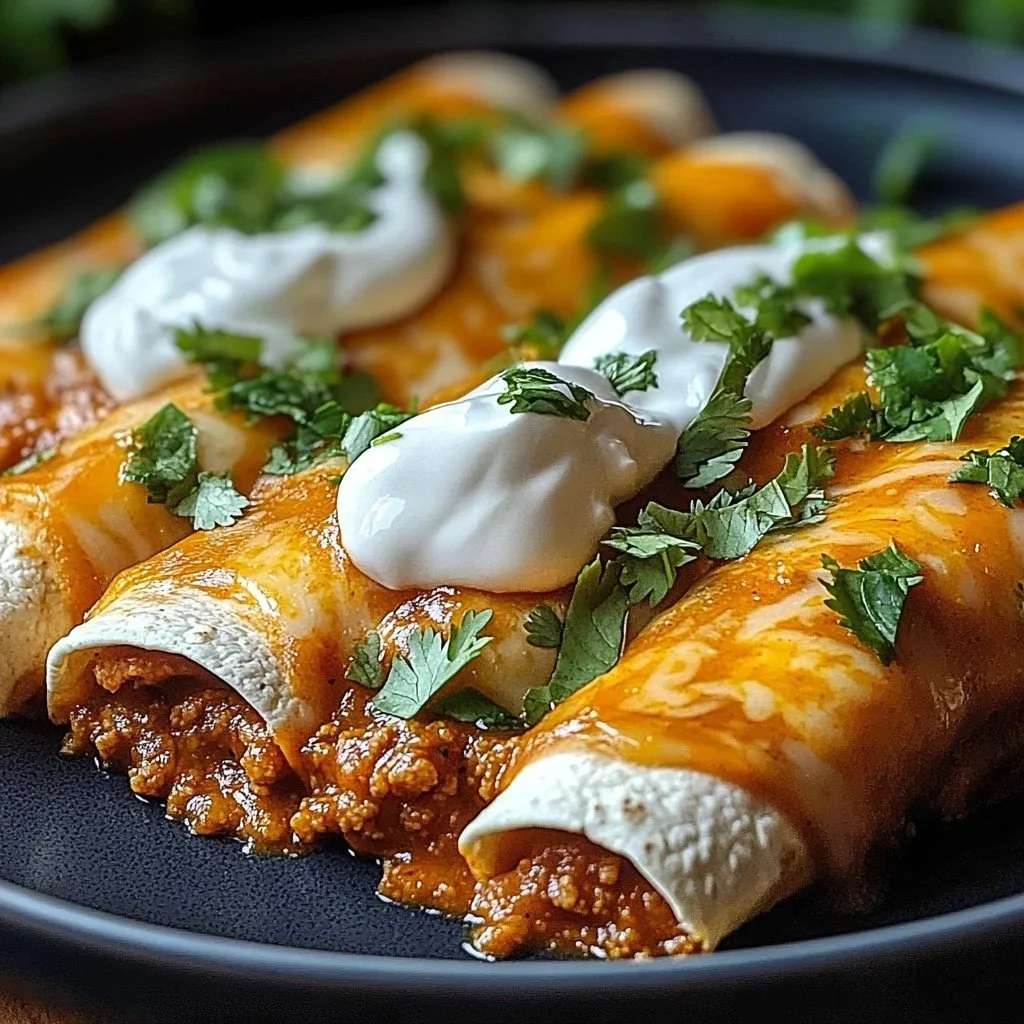 Delicious homemade beef enchiladas served with toppings