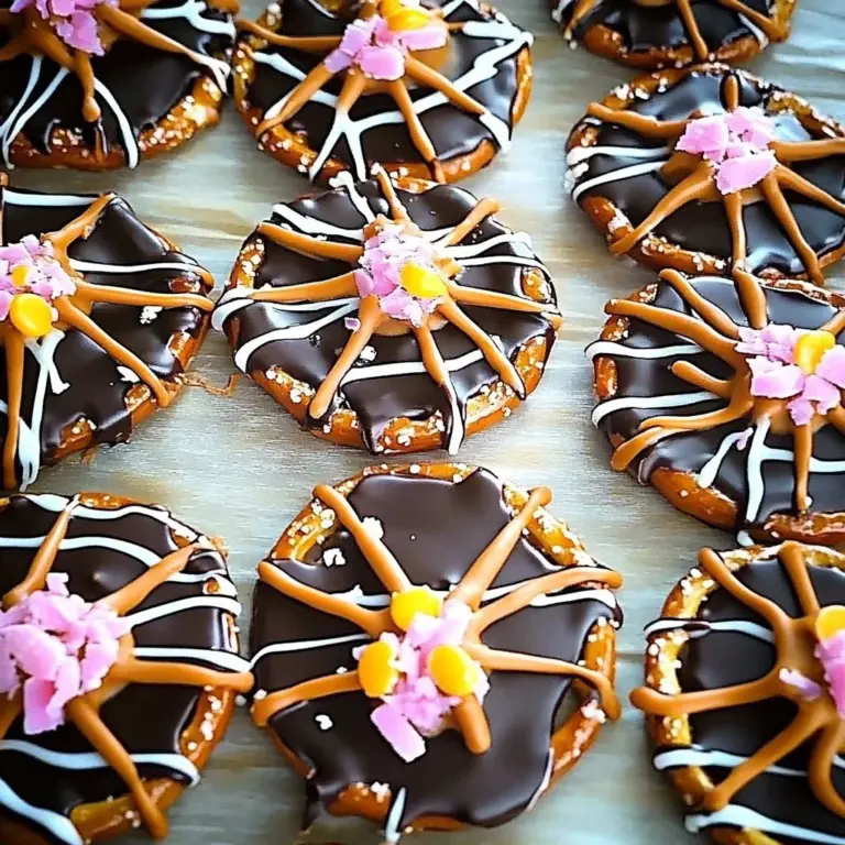 Easy chocolate pretzel spider webs decorated for Halloween