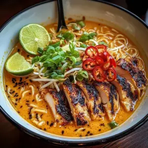 Delicious fiery creamy garlic chicken ramen in a bowl garnished with green onions