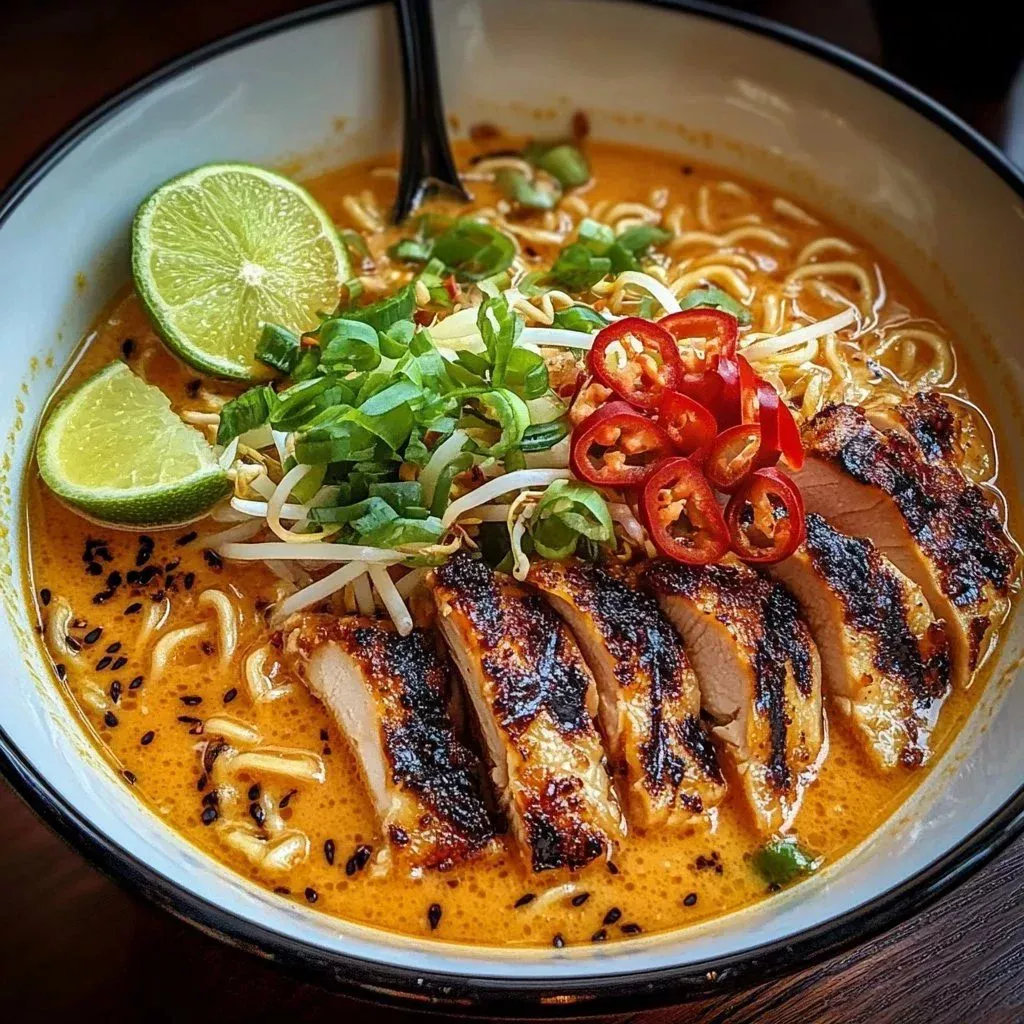 Delicious fiery creamy garlic chicken ramen in a bowl garnished with green onions