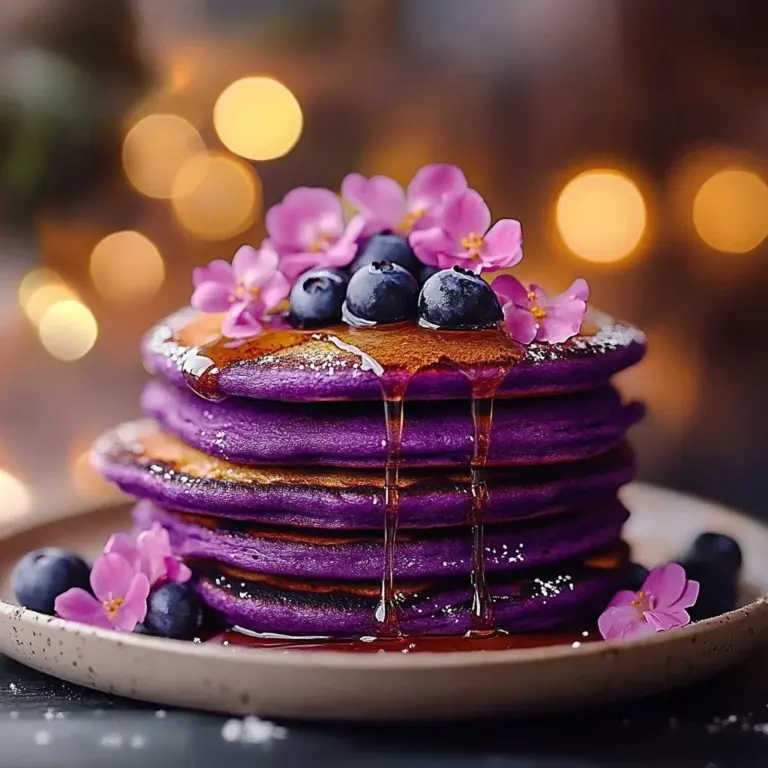 Fluffy ube mochi pancakes served on a plate with syrup and berries