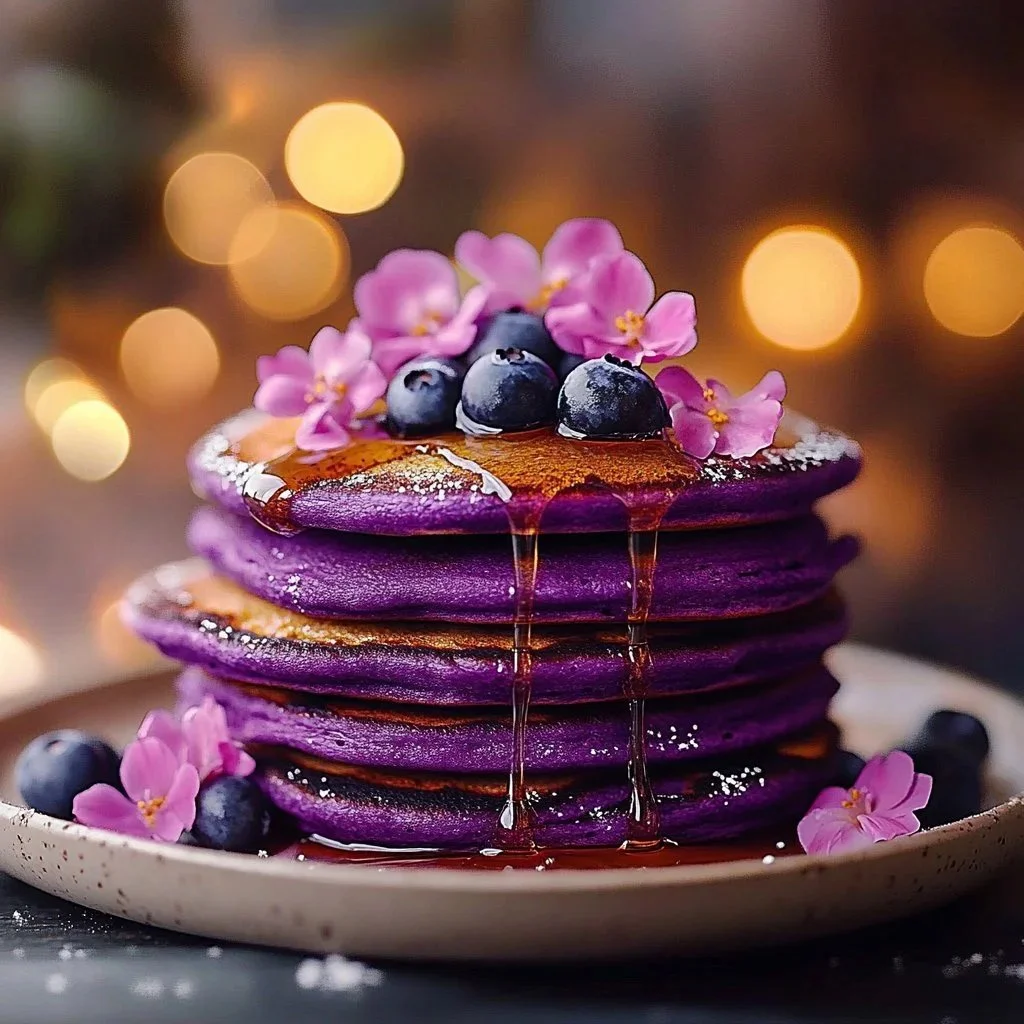 Fluffy ube mochi pancakes served on a plate with syrup and berries