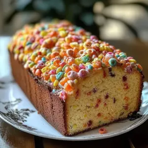 Fruity Pebbles Breakfast Loaf topped with colorful cereal pieces