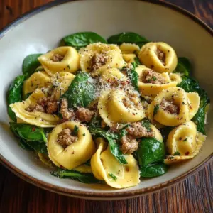 Garlic Butter Beef Spinach Tortellini served in a bowl, showcasing richness and flavor.