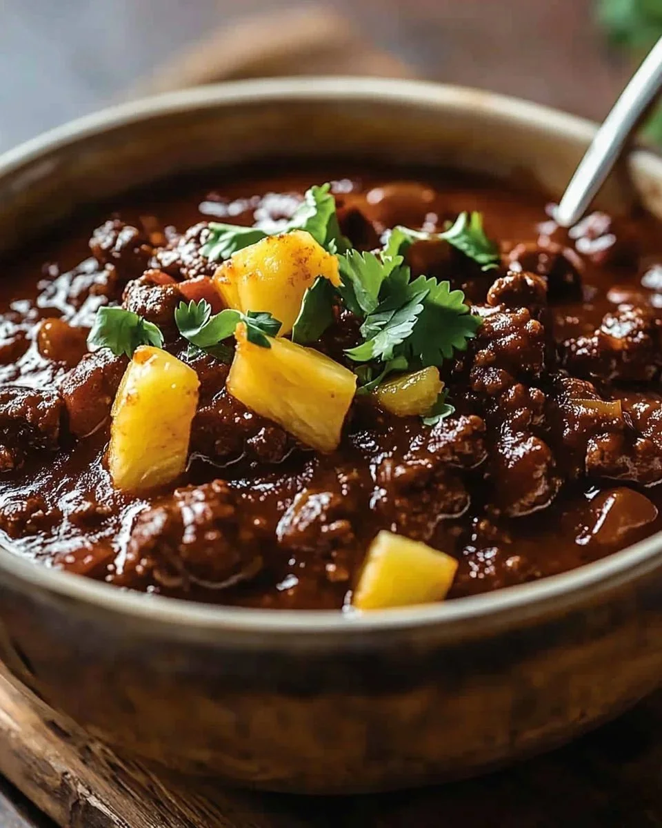 Bowl of steaming Genuine Texas-Style Chili topped with fresh herbs.