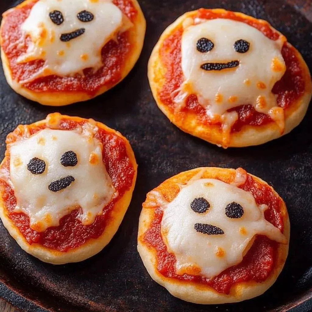 A plate of Ghastly Pizza Bagels with spooky toppings and cheese