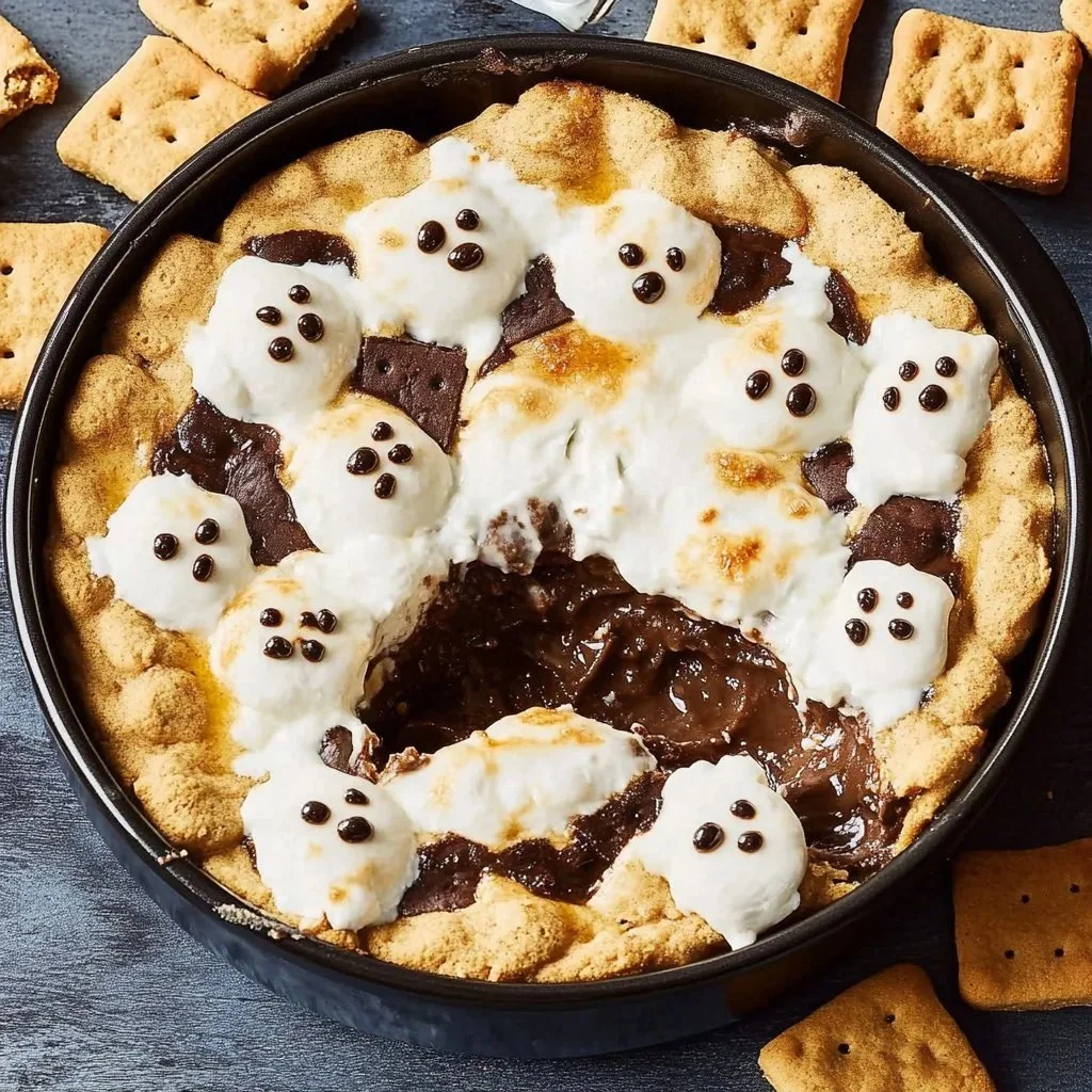 A delicious Ghostly S'mores Dip with marshmallows and chocolate for Halloween