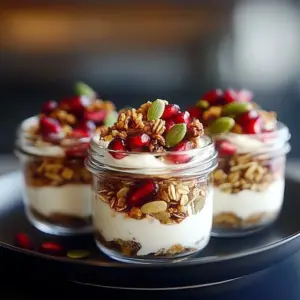 Delicious glistening pomegranate parfait layered with yogurt and fresh fruit