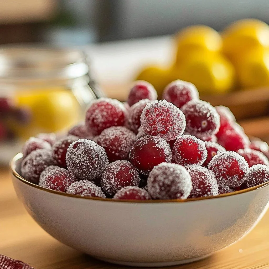 A bowl of glistening sugared cranberries ready to enhance holiday dishes.