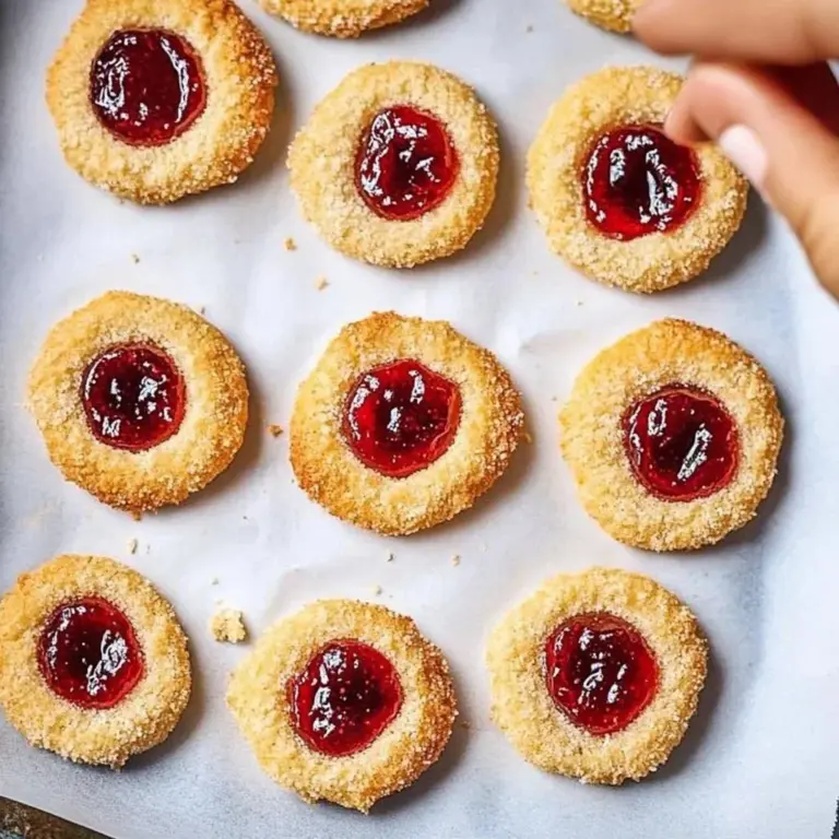 Gluten-free almond thumbprint cookies with jam filling on a plate