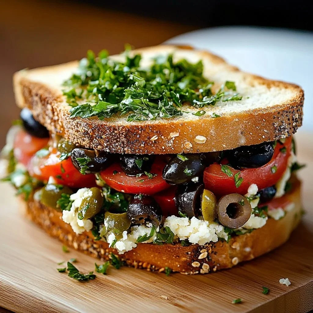 Goat cheese and olive tapenade sandwich on rustic bread