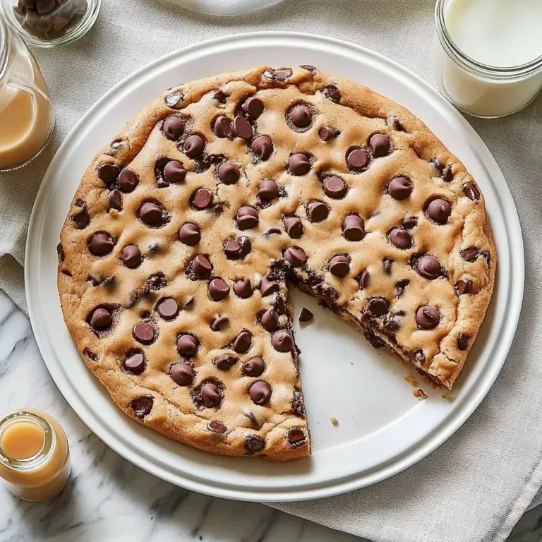 Gooey chocolate chip cookie pizza topped with melted chocolate and cookies