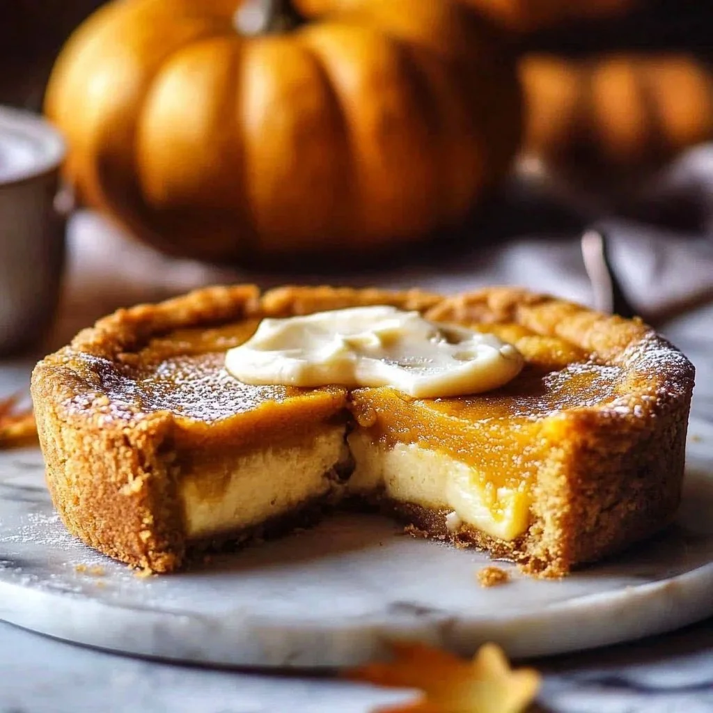 A slice of gooey pumpkin butter cake topped with whipped cream and pumpkin seeds