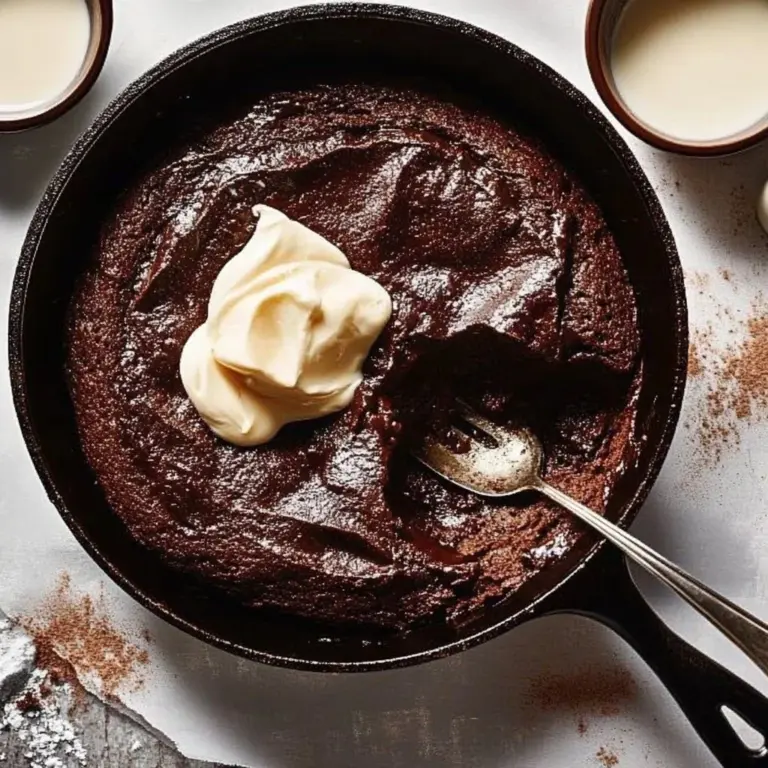 Gooey skillet brownie pudding served in a cast iron skillet