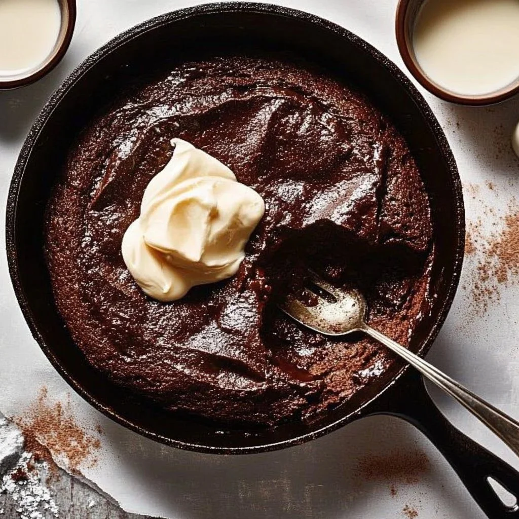 Gooey skillet brownie pudding served in a cast iron skillet