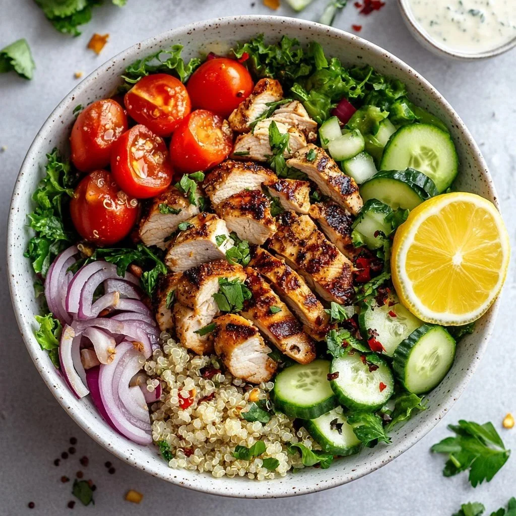 Delicious Greek-Style Chicken Bowl with fresh vegetables and Mediterranean flavors