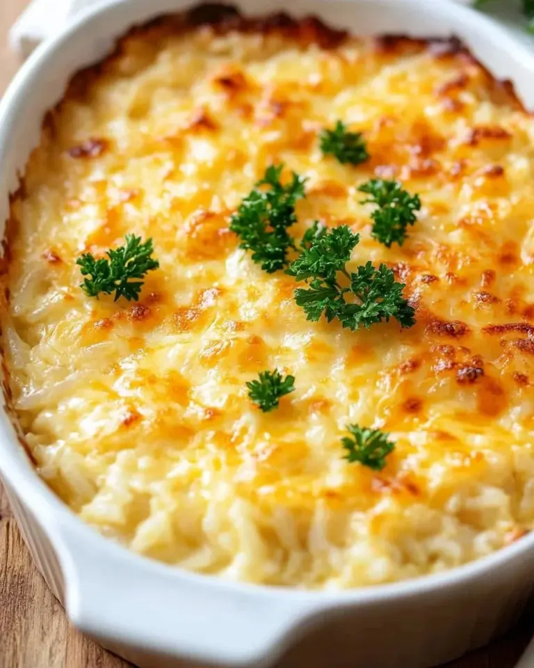 Baked green chili rice dish topped with cheese and fresh herbs