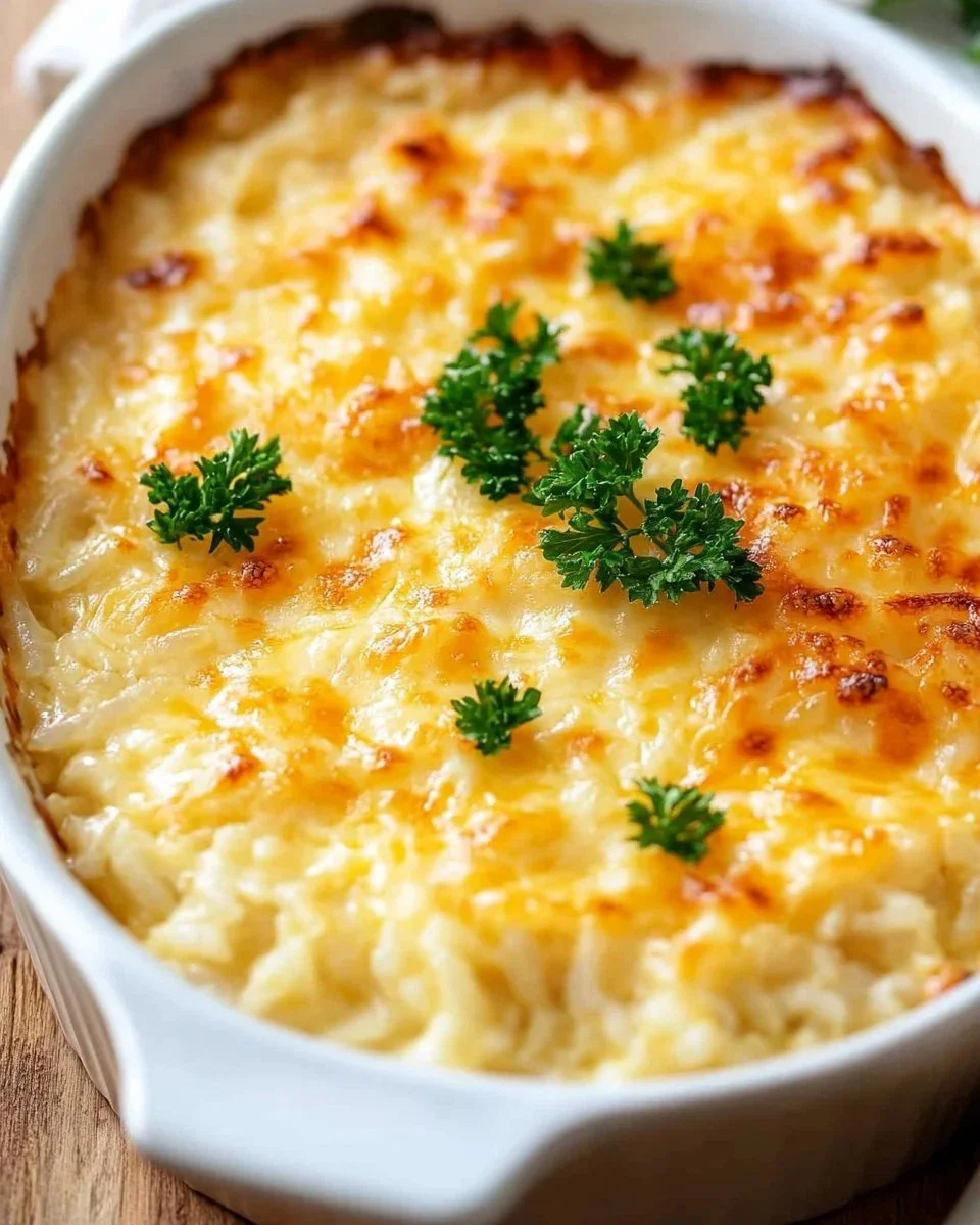 Baked green chili rice dish topped with cheese and fresh herbs