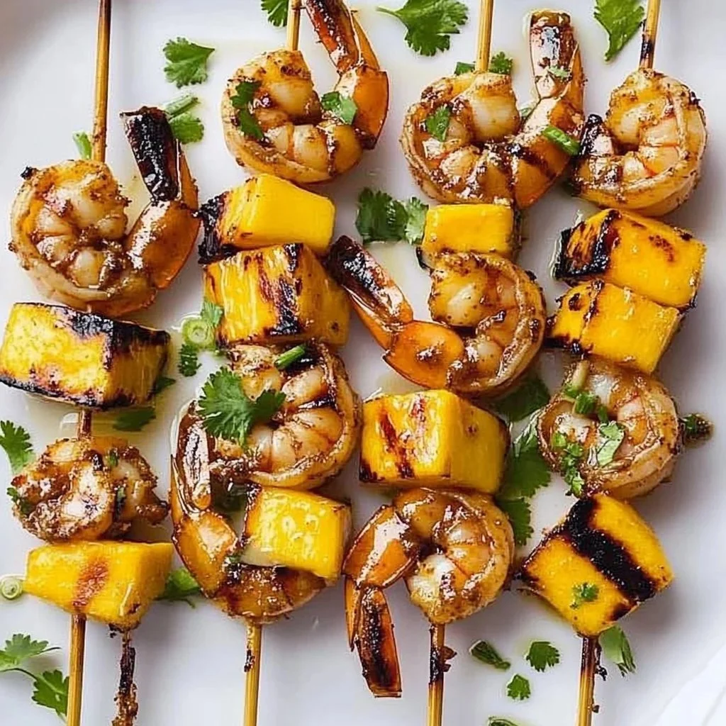 Grilled mango shrimp skewers on a barbecue grill