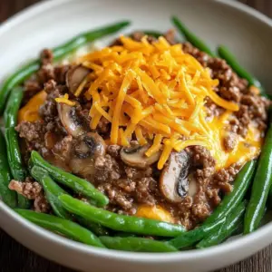 Delicious Hamburger Green Bean Casserole with Mushrooms in a baking dish