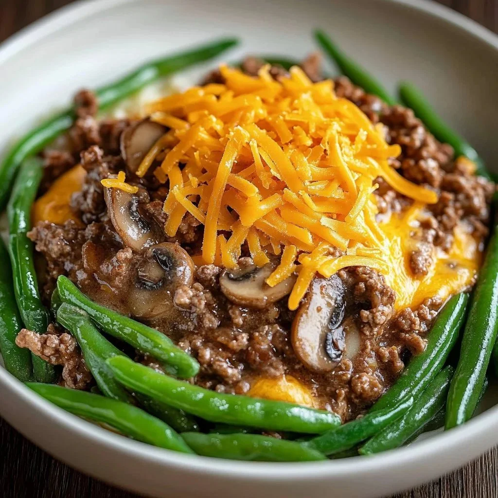 Delicious Hamburger Green Bean Casserole with Mushrooms in a baking dish
