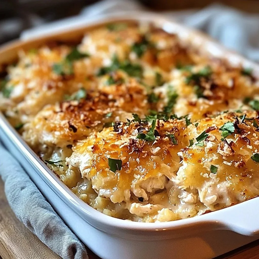 Delicious hands-off chicken casserole dish ready to serve warm.