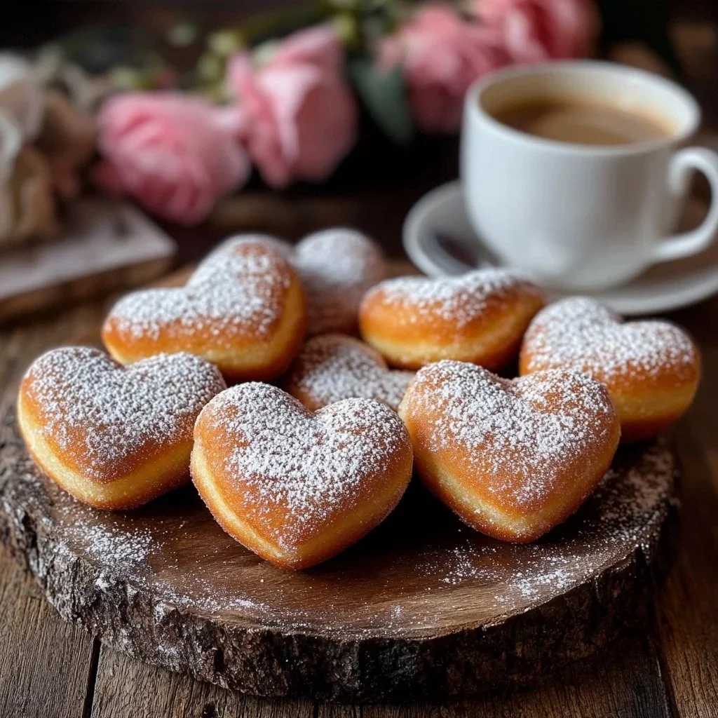 Delicious heart-shaped donuts with sugar topping, perfect for special occasions.