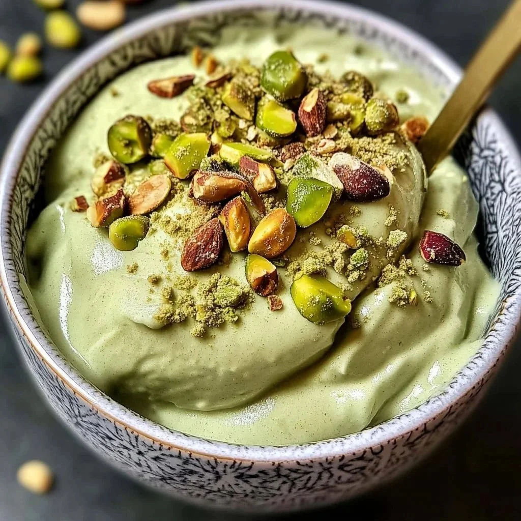 Creamy high protein pistachio ice cream in a bowl with nuts