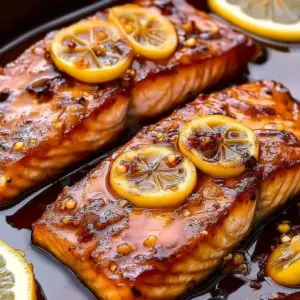 Honey garlic glazed salmon served with vegetables on a plate