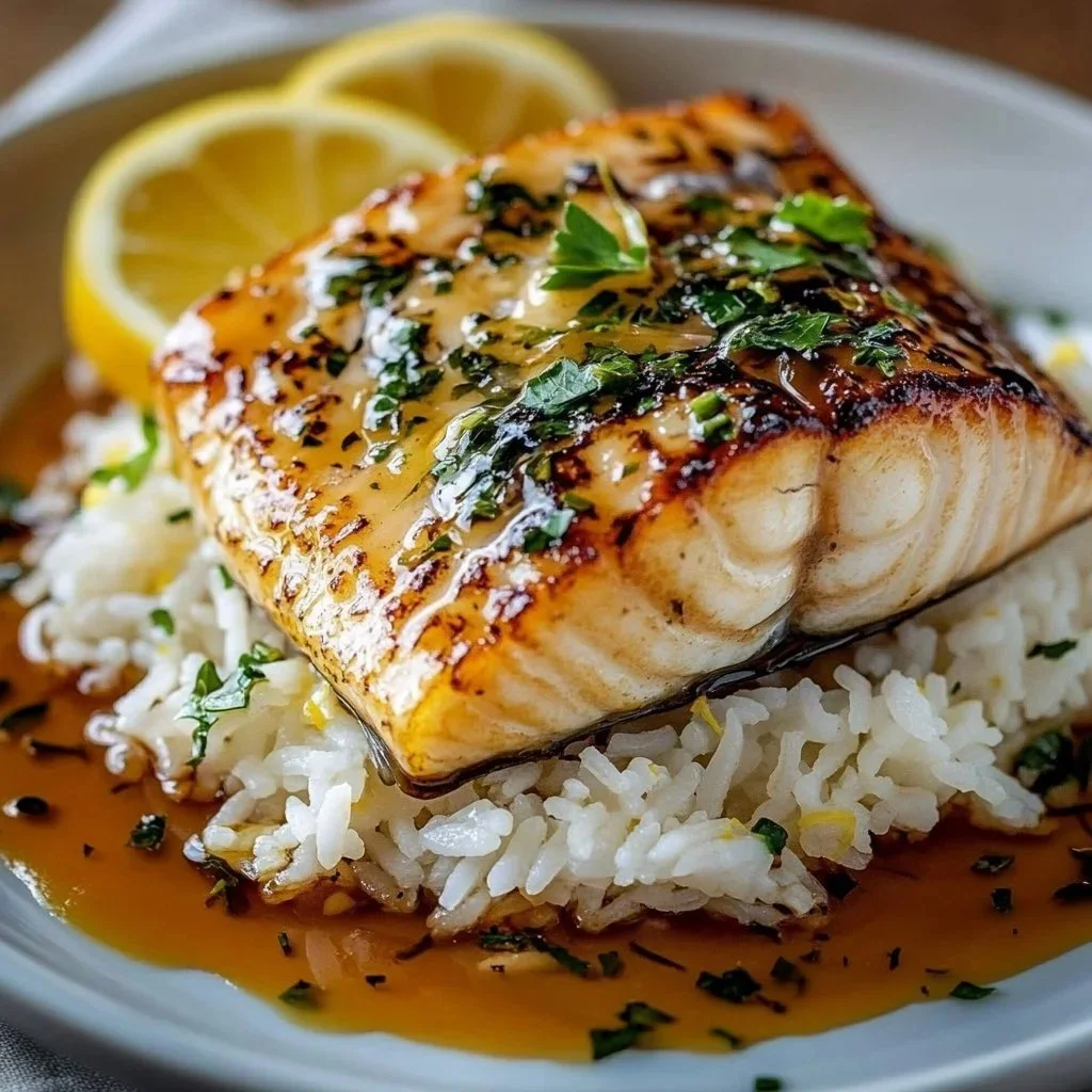 Honey-glazed baked cod dish garnished with herbs and served on a plate