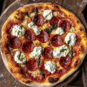 Delicious Hot Honey Pepperoni Ricotta Pizza with a spicy and sweet topping
