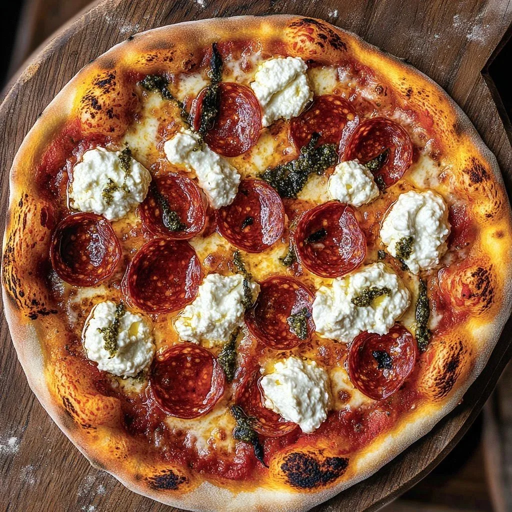 Delicious Hot Honey Pepperoni Ricotta Pizza with a spicy and sweet topping